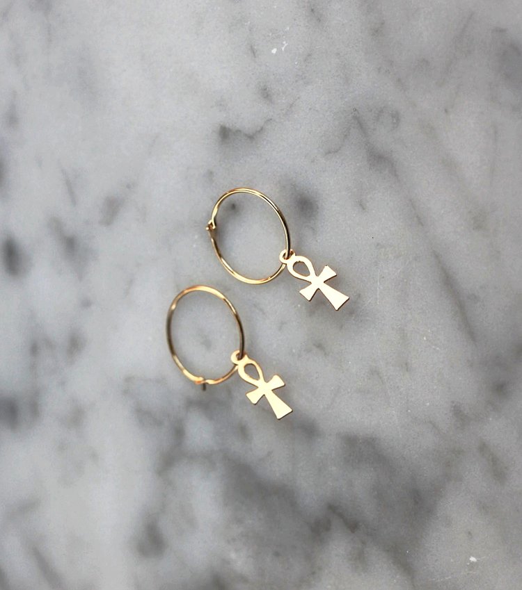 14K Ankh Cross Hoops